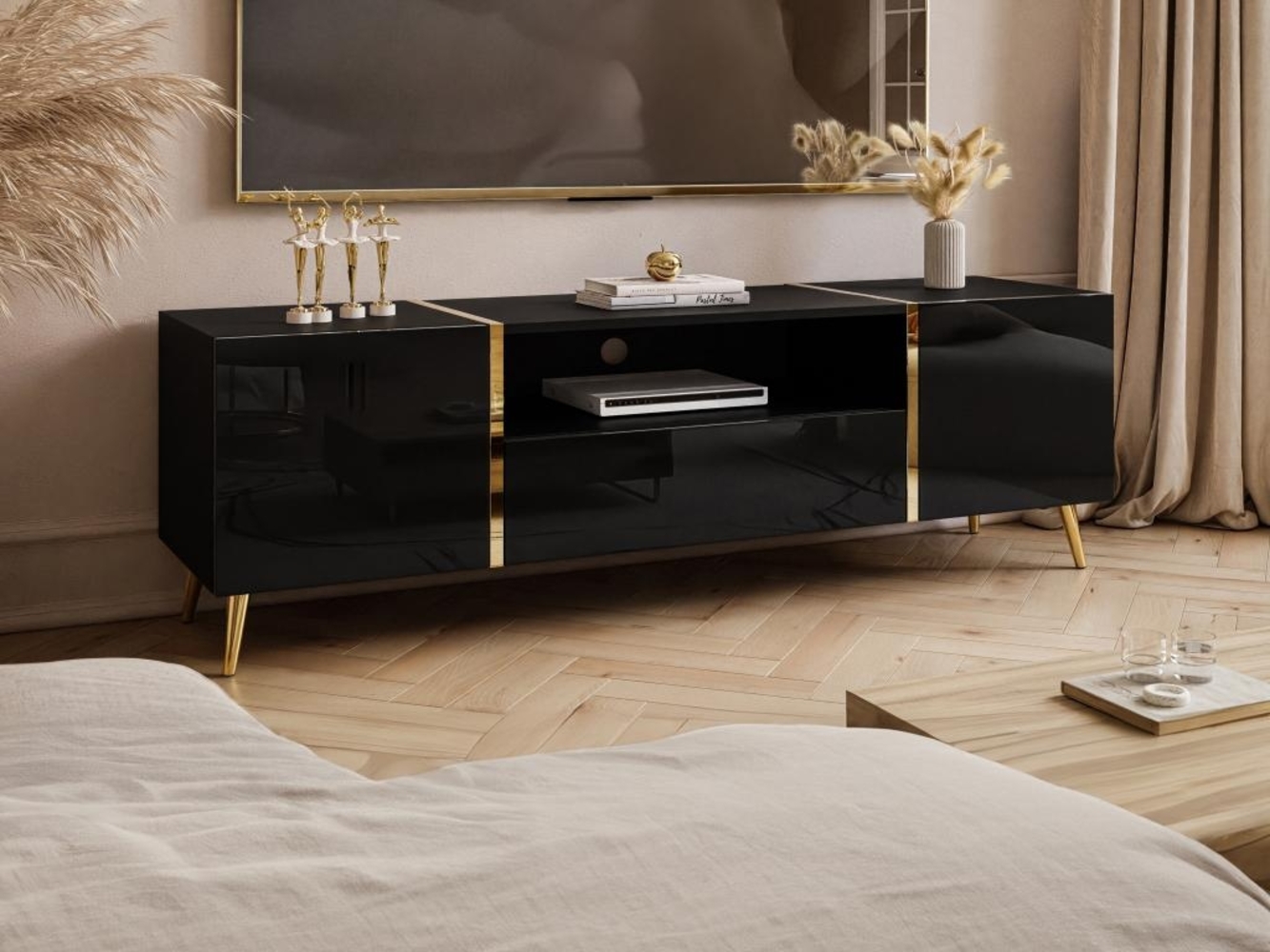 Vente-unique - TV-Möbel mit 2 Türen, 1 Schublade & 1 Ablage - Schwarz glänzend & Goldfarben - MARZIALO Bild 1