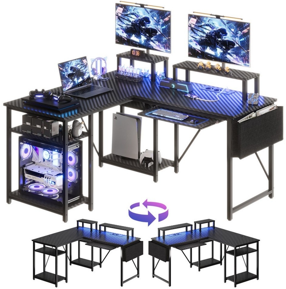 GUNJI Gamingtisch 140*140 cm L-förmiger Computertisch mit Ständer, LED-Eckschreibtisch Bild 1