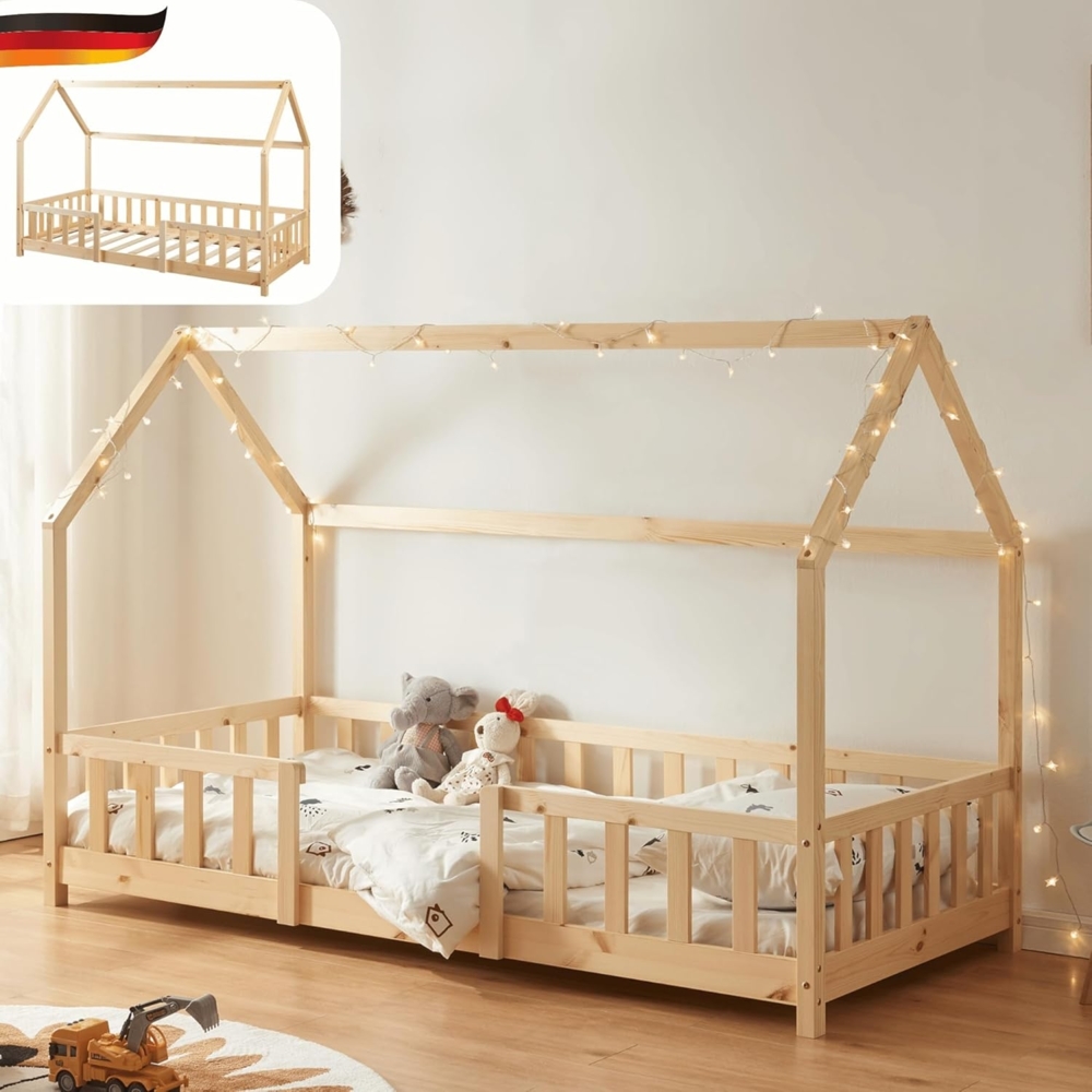 DELUKE® Kinderbett 90x200 cm LULO - Inkl. Lattenrost Rausfallschutz Einzelbett Hausbett Kinderzimmer Bodenbett Kinder Bett Klein Montessori Bett Braun Bild 1