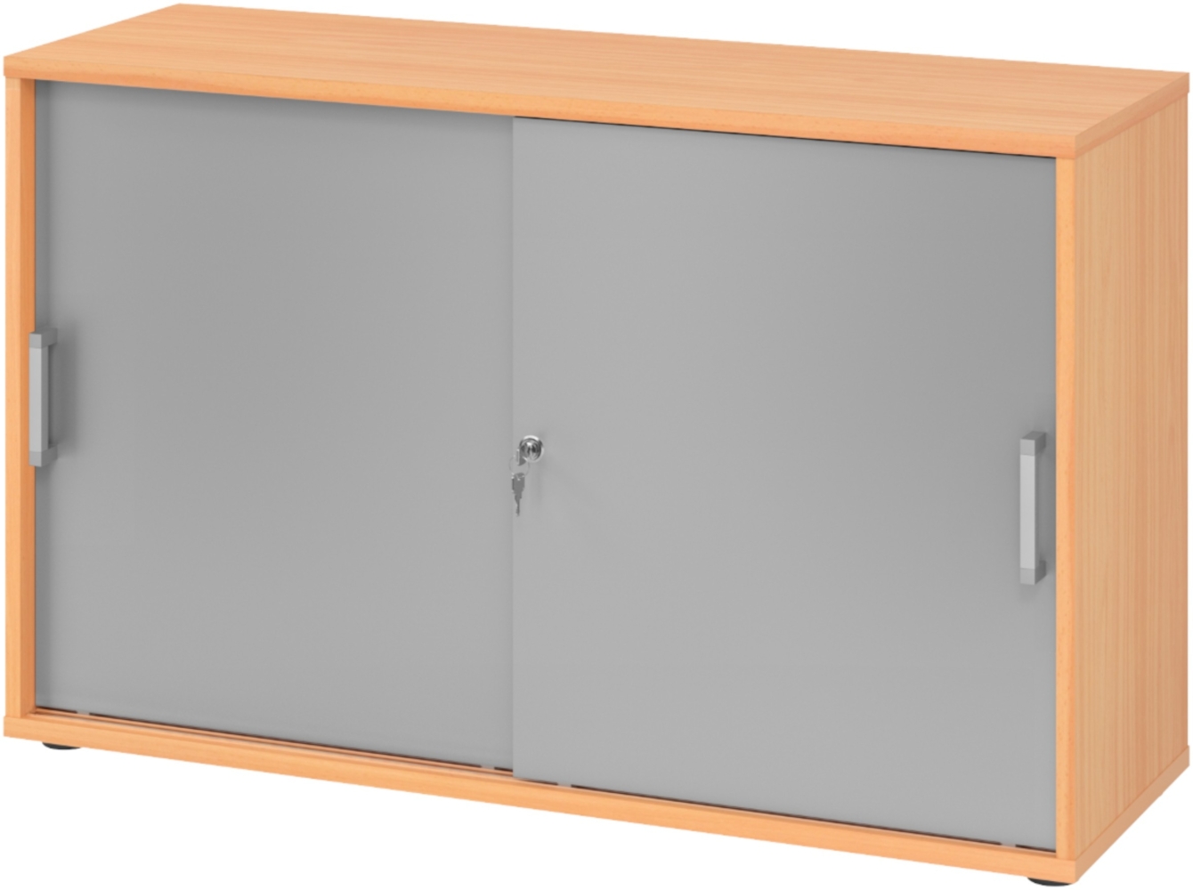 bümö Schiebetürenschrank 2OH - Aktenschrank abschließbar, Sideboard Schrank mit Schiebetüren in Buche/Silber, Chromgriff - Büroschrank aus Holz mit Schiebetür, Büro Kommode für Ordner & Co, 1752S-6-S-CE Bild 1