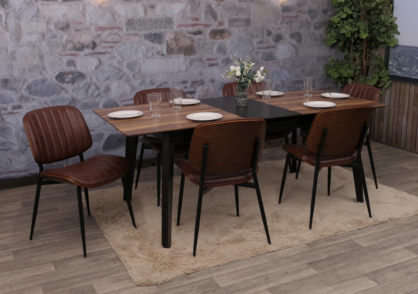 6er-Set Esszimmerstuhl HWC-O44, Küchenstuhl Stuhl, Bugholz Kunstleder Öko-Tex FSC® ~ Walnuss-Optik, vintage braun Bild 1