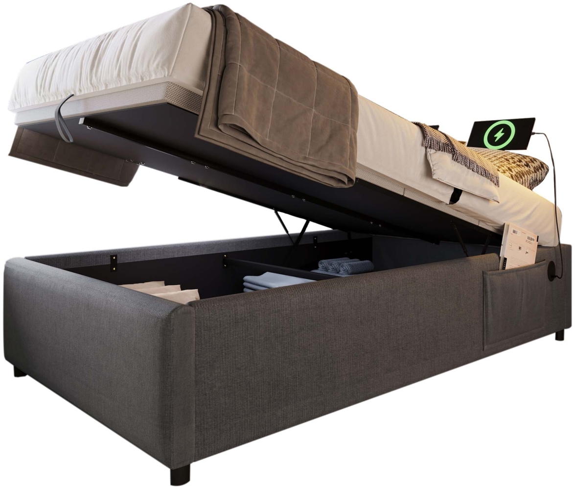 Polsterbett 90x200 cm, Leinenstoff, hydraulischer Bettkasten mit USB/Type-C, vollflächiger Massivholz-Bettboden, Grau Bild 1
