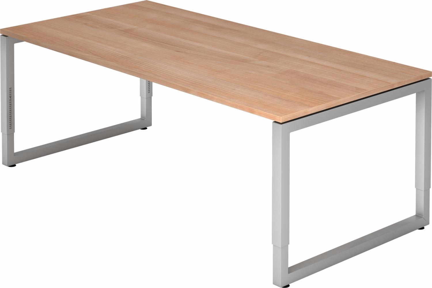 bümö höhenverstellbarer Schreibtisch R-Serie 200x100 cm in Nussbaum, Gestell in Silber - großer PC Tisch für's Büro manuell höhenverstellbar, Computertisch verstellbar, RS-2E-N-S Bild 1