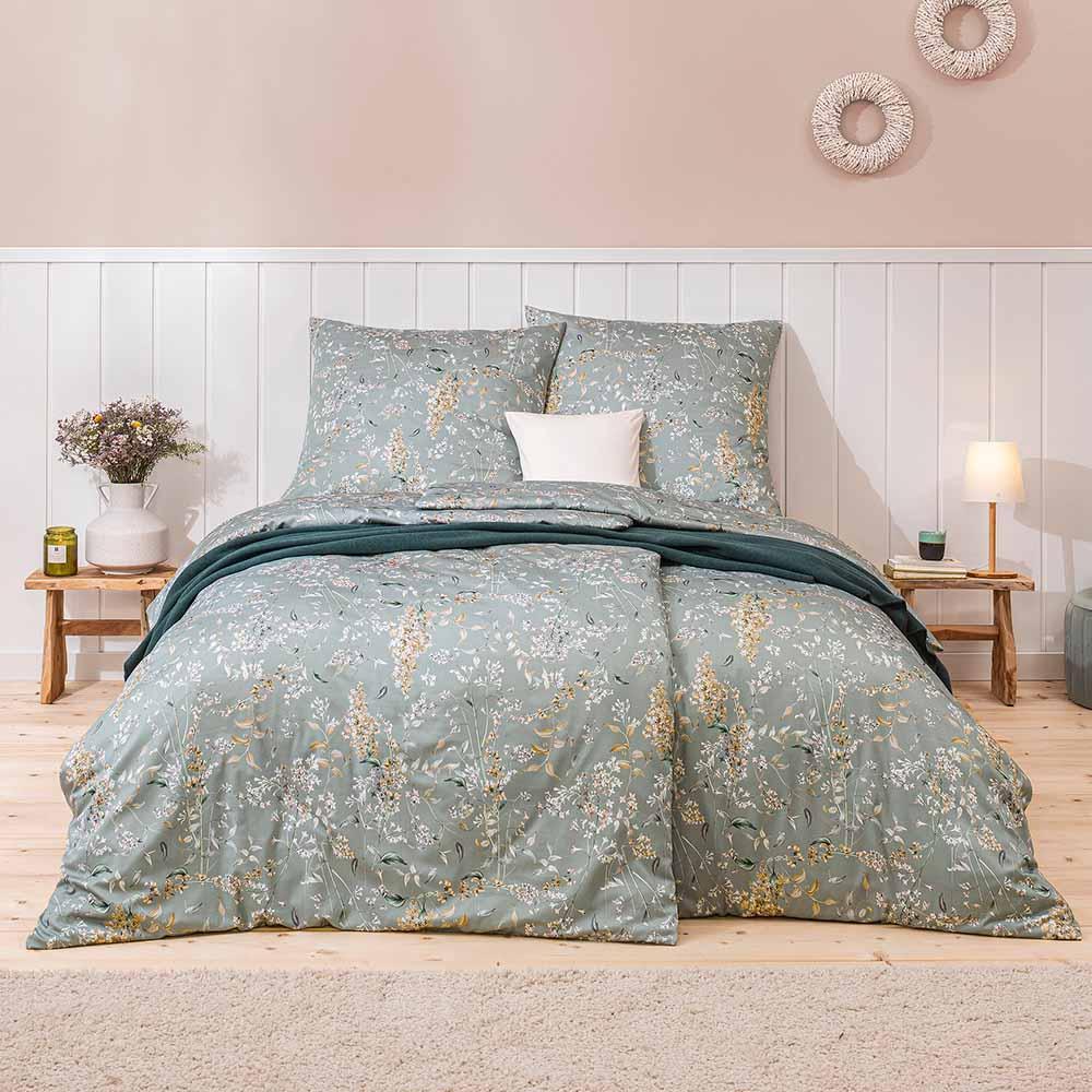 Estella Mako-Satin Bettwäsche 135x200 Sybille salbei Flieder Blüten 7917-532 Bild 1