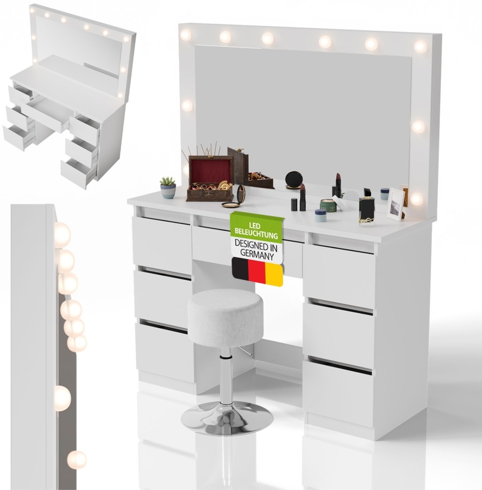 Juskys Schminktisch Lilia mit LED-Beleuchtung & Hocker Tonia, 7 Schubladen, stufenlos dimmbar, 3 Farbtemperaturen, Stauraum, elegantes Design – Weiß Bild 1