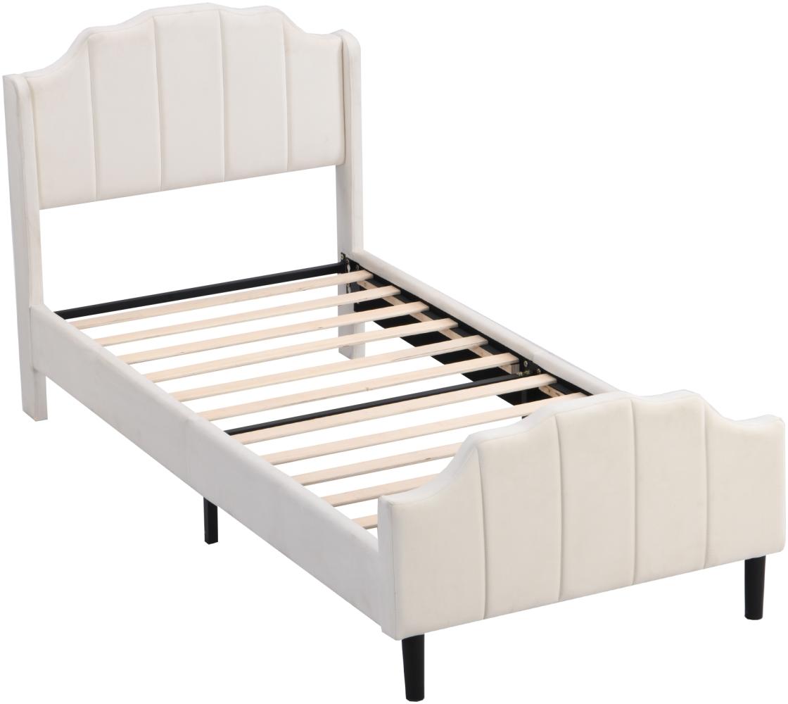 Merax Polsterbett 90x200 aus Samt Einzelbett Gästebett mit gepolstertes Kopfteil & Lattenrost Beige Bild 1