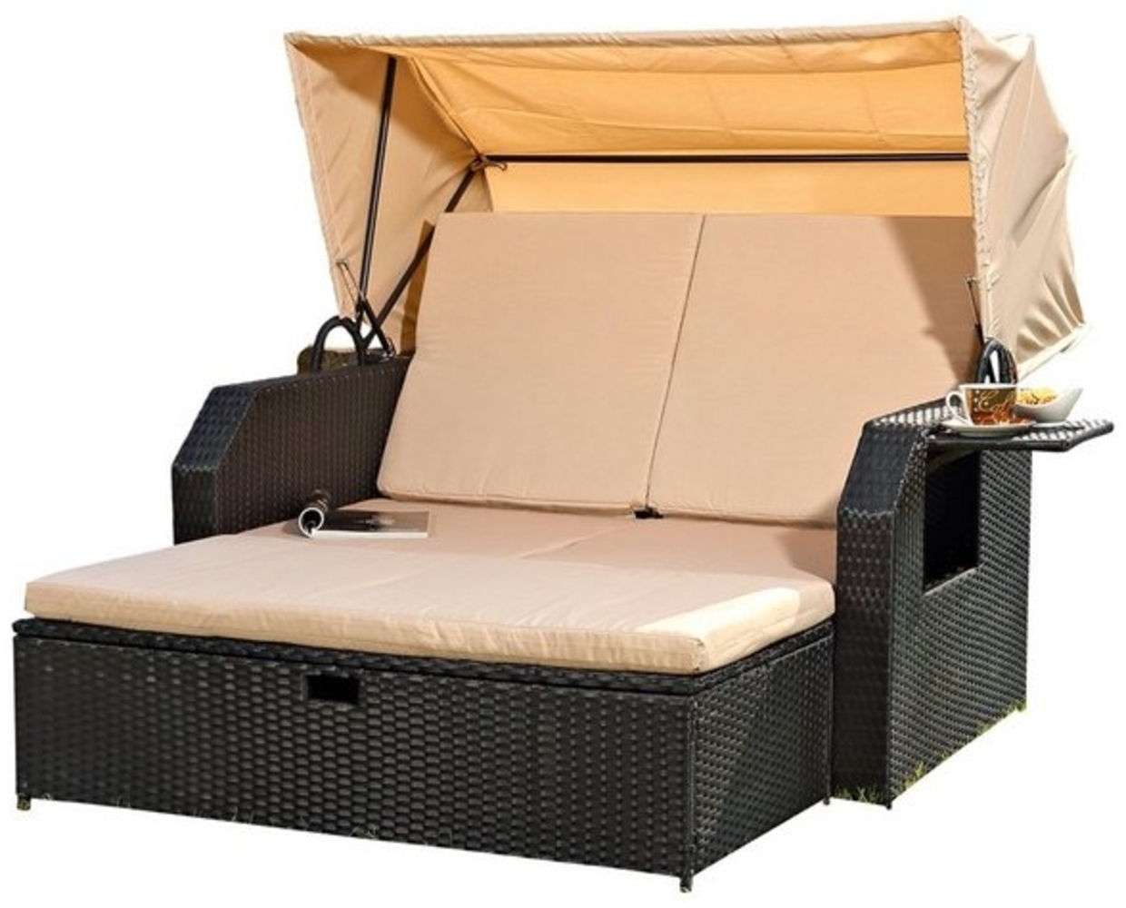 Mucola Strandkorb-Sonnenliege mit Sonnenschutzdach, Polyrattan braun, 145x143x130 cm Bild 1