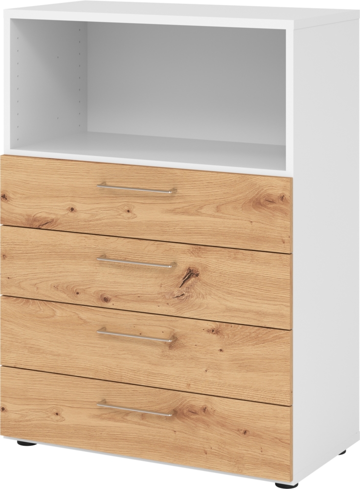 bümö smart Schubladenschrank, Büroschrank 80cm breit in Weiß/Asteiche mit 4 Schüben & 1 Regalfach - Bürocontainer aus Holz, Container mit Metallgriffen & Soft-Stop Schubladen, 938S4-W-R-BS Bild 1