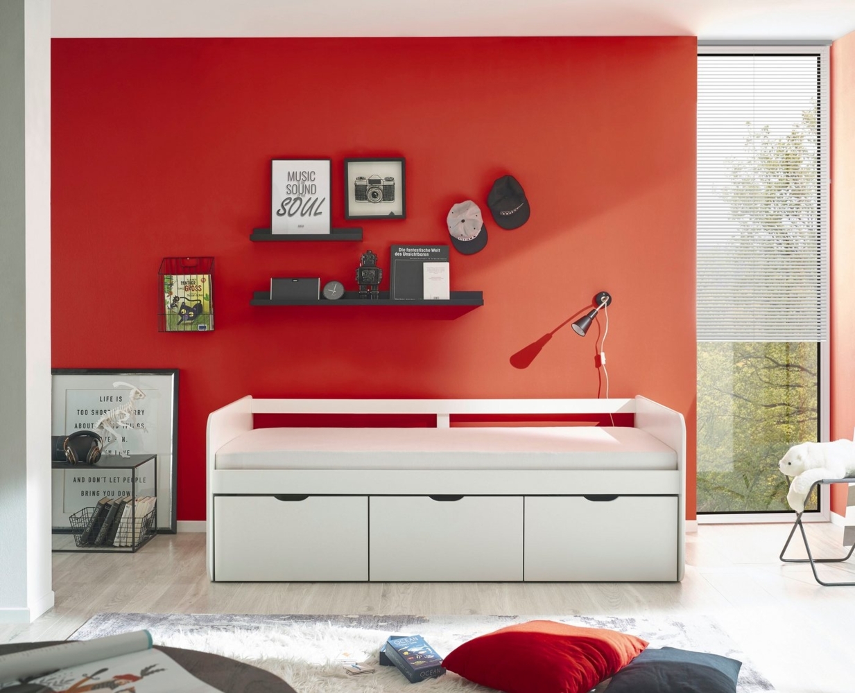 EINO Modernes Einzelbett mit 3 Schubkästen 90x200 cm - Praktisches Jugendzimmer Kojenbett in Weiß - 105 x 70 x 205 cm (B/H/T) Bild 1