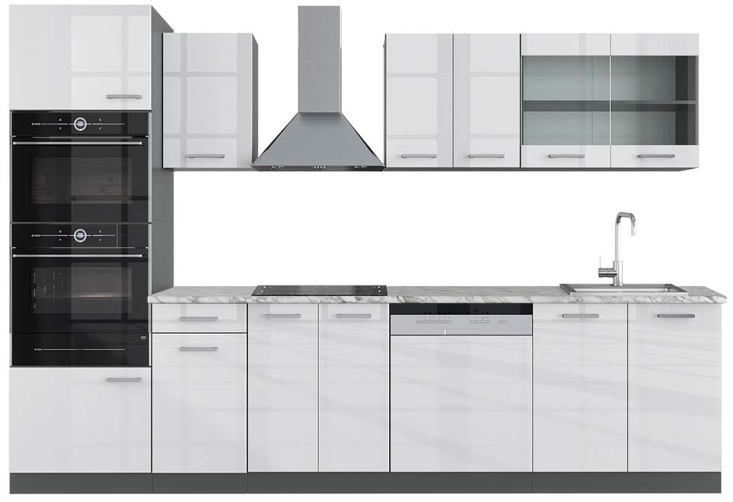 Küchenzeile R-Line Weiß Hochglanz/Anthrazit 300 cm mit Hochschrank, AP Marmor Vicco Bild 1
