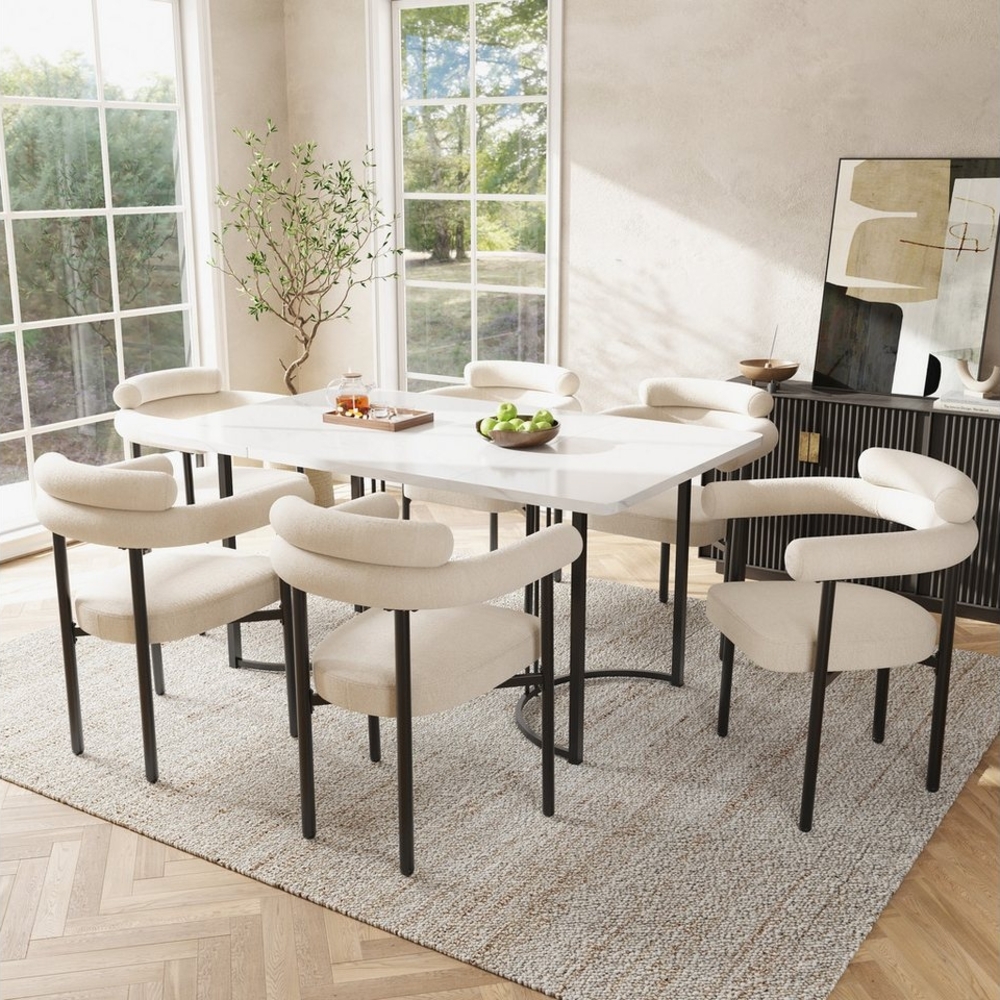 Tongtong Essgruppe moderner Küchentisch Set, MDF Tischplatte, Samt Stuhl mit Eisenbeinen, (geeignet für Esszimmer und Wohnzimmer, 7-tlg), 140x80cm Esstisch mit 6 Stühlen Set, Beige Bild 1