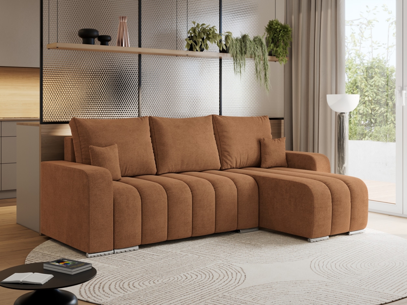 Universelles Ecksofa in Streifen genäht mit Schlaffunktion und Bettkasten, modern Stil - KIRASSO - Orange Stoff Bild 1