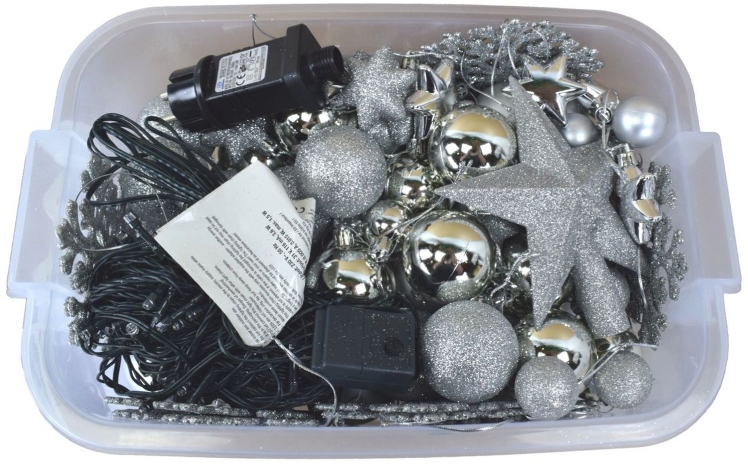 Christbaumschmuck-Set 100tlg. mit LED-Lichterkette & Box, Rot Gold oder Silber silber Bild 1