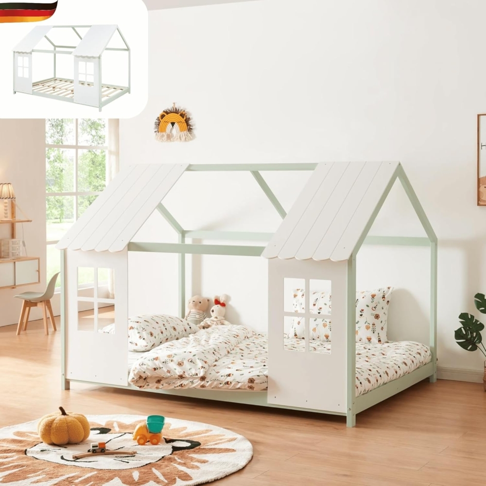 DELUKE® Kinderbett 120x200 GELO - mit Lattenrost Rausfallschutz Haus-OptikEinzelbett aus Holz Hausbett Kinderzimmer Montessori Bett Mintgrün Bild 1