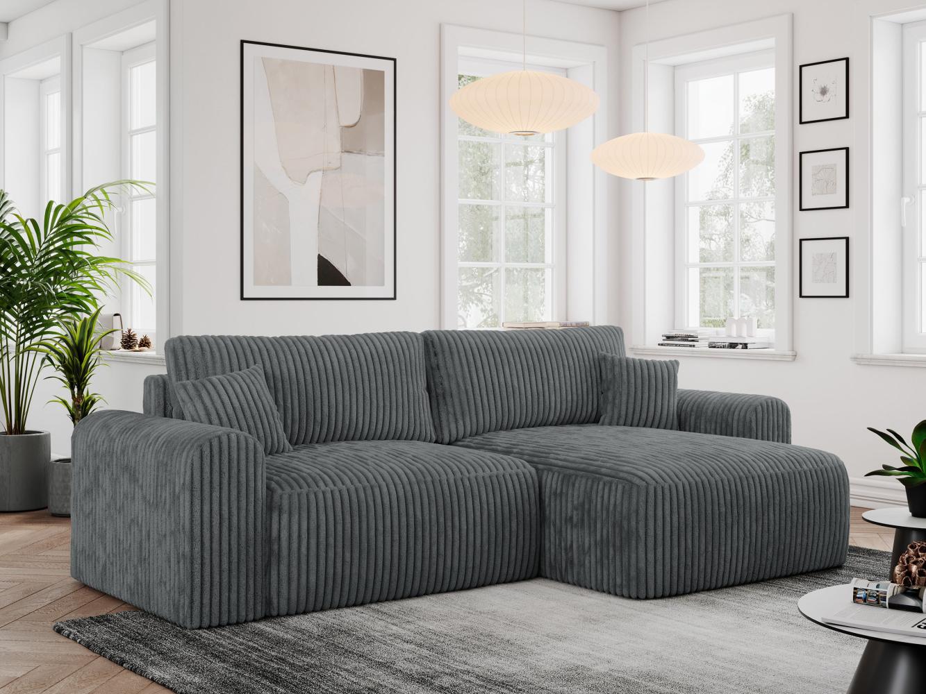 Ecksofa L-form, Couch mit Schlaffunktion und Bettkaste - NELSON - Dunkelgrau Cord Bild 1