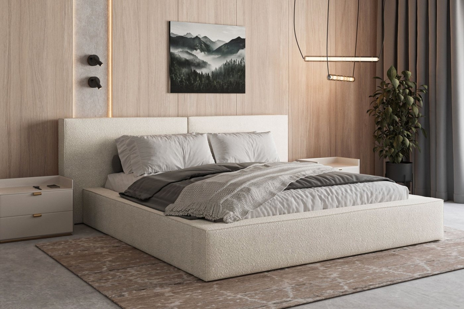 MOEBLO Polsterbett aus Bouclé Bett 06 (Bezug: Boucle, Doppelbett mit Kopfstütze, Rahmenbettgestell, mit Bettkasten und Lattenrost), gepolstertes Kopfteil Bild 1