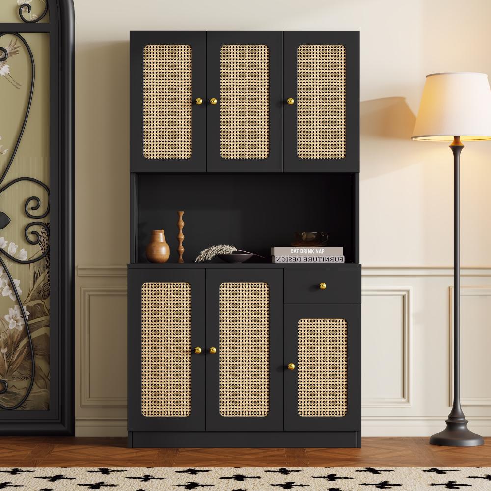 Merax Hochschrank mit Schublade und 6 Rattantüren Highboard mit Einlegeböden, Mehrzweckschrank, Küchenbuffet, Bücherschrank, Schwarz Bild 1