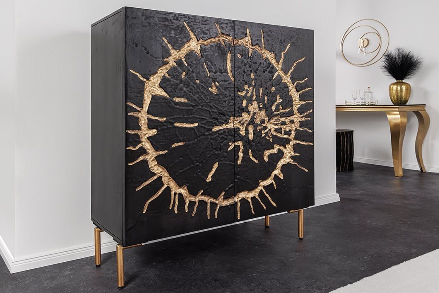 riess-ambiente Highboard THE CIRCLE 120cm schwarz / gold (Einzelartikel, 1 St), Wohnzimmer · Massivholz · Metall · Kommode · Retro Design Bild 1