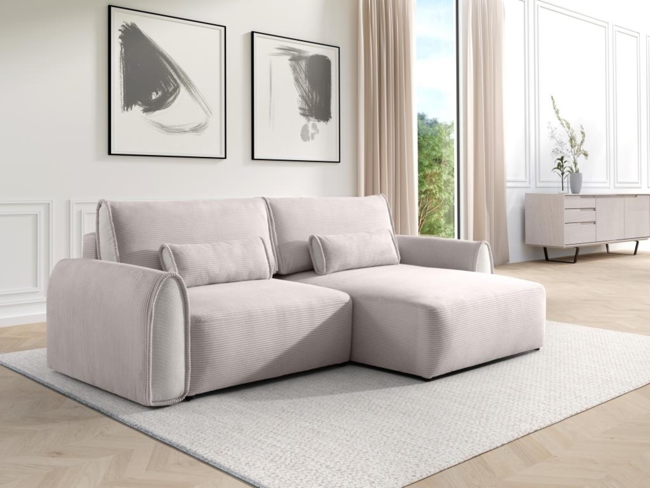 Vente-unique - Ecksofa mit Schlaffunktion - Ecke wechselbar - Cord - Hellgrau - RISTANO Bild 1