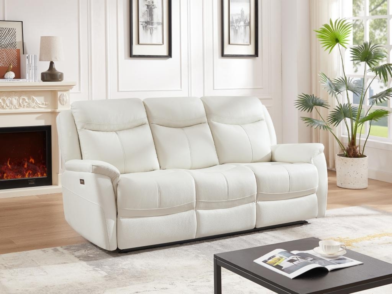 Vente-unique - Relaxsofa 3-Sitzer elektrisch - Rindsleder - Weiß - NOMAJO Bild 1