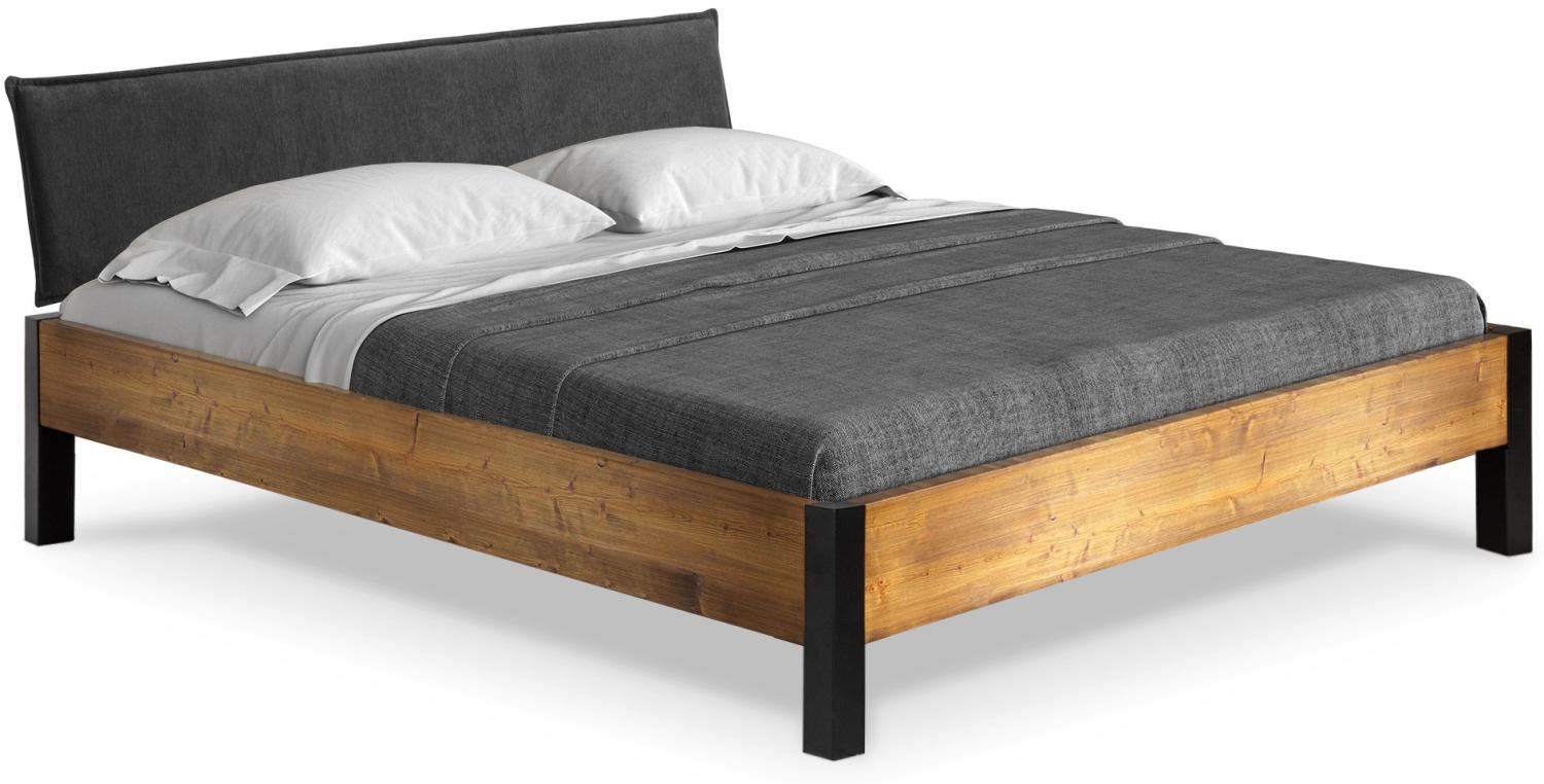 Möbel-Eins CURBY Bett Metallfuß, mit Polsterkopfteil, Material Massivholz, rustikale Altholzoptik, Fichte vintage 200x200 cm Stoff Anthrazit ohne Steppung Bild 1