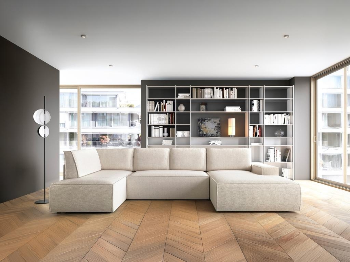 Vente-unique - Große Wohnlandschaft mit Schlaffunktion - Ecke rechts - Strukturstoff - Beige - AMELIA Bild 1