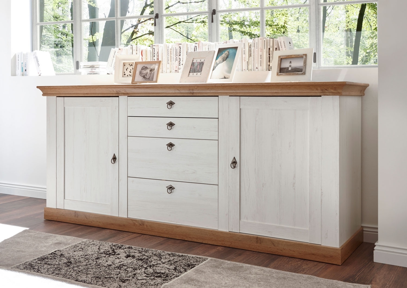 Landhaus Sideboard Kommode 210cm pinie weiß / wotan eiche Wohnzimmer Bild 1