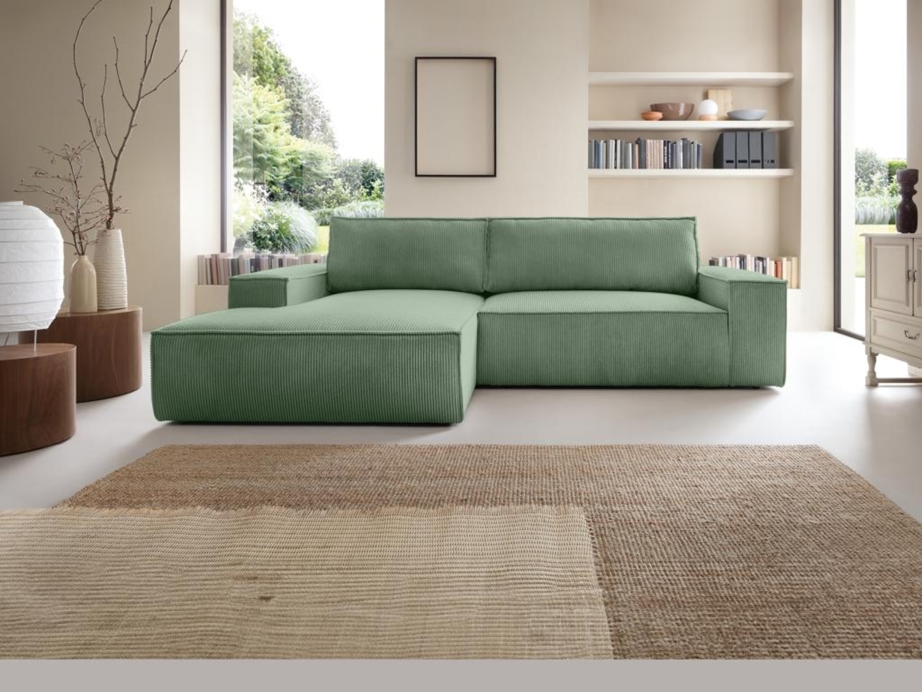 Vente-unique - Ecksofa mit Schlaffunktion - Ecke links - Cord - Mandelgrün - AMELIA Bild 1