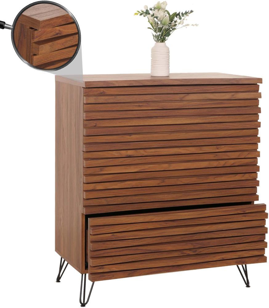 Kommode HWC-M49, Sideboard Schrank Highboard, 3D-Design 3 Schubladen Massiv-Holz Mango Metall 94x80x45cm ~ Walnuss-Optik Bild 1