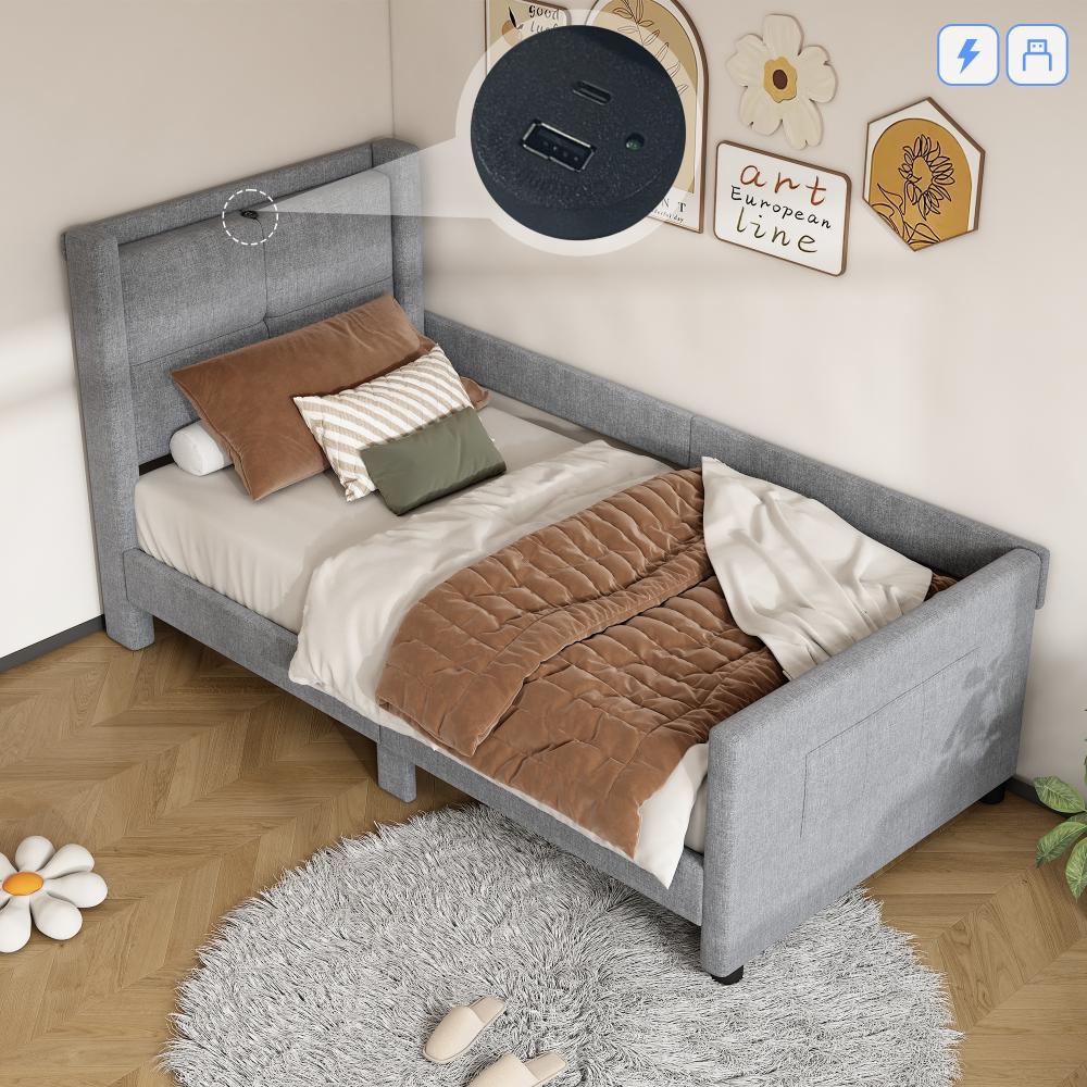 Merax 90*200cm Einzelbett, Kinderbett, Polsterbett, mit USB-Anschluss, minimalistisches Design, Grau Bild 1