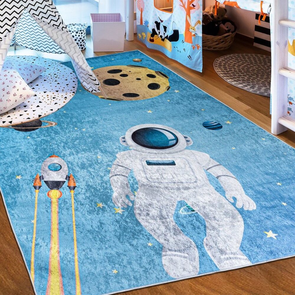 Mazovia Kinderteppich Kinderteppich Kinderzimmerteppich Planeten Weltraum, 80 x 150 cm, Kurflor, Waschbar in Waschmaschine, Höhe 5 mm, Rutschfest Bild 1