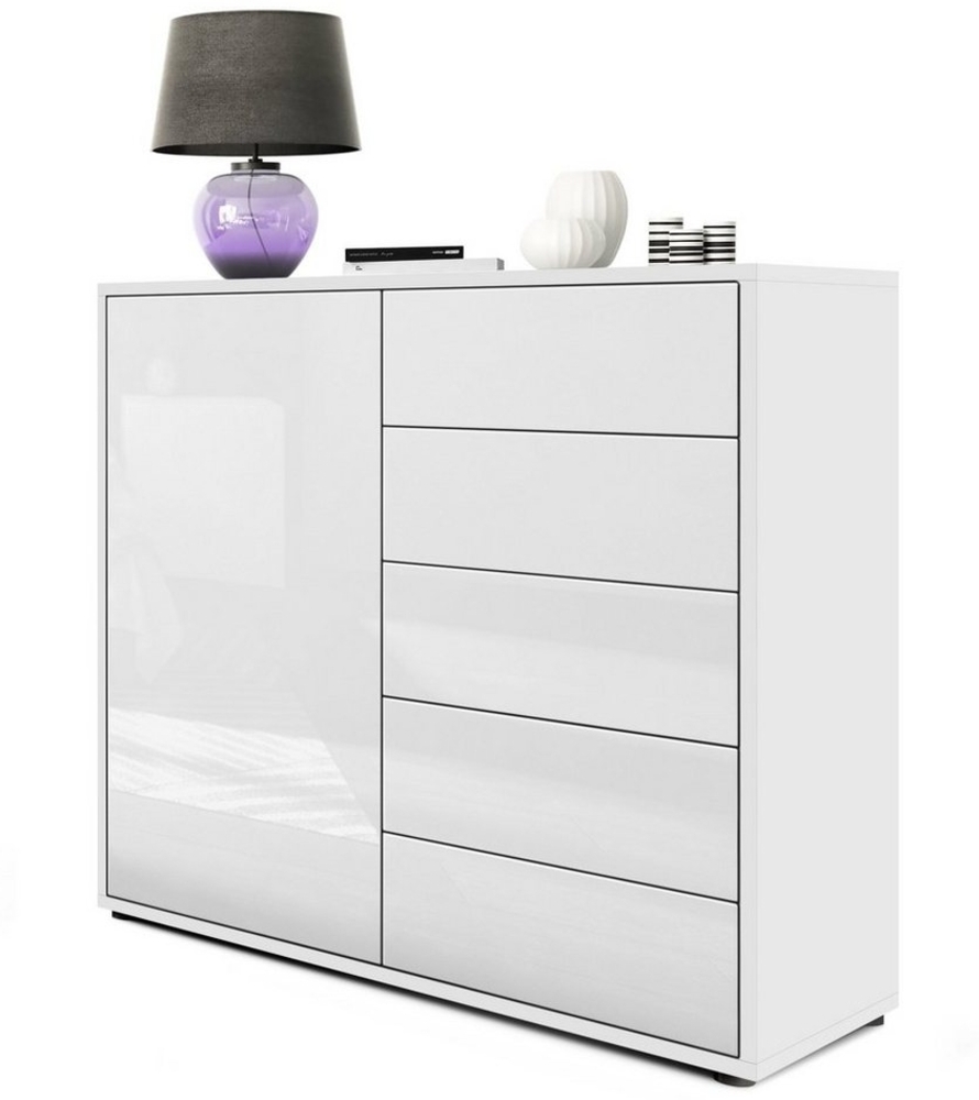 Vladon Sideboard Ben V2, Kommode mit 1 Tür und 5 Schubladen, Weiß matt/Weiß Hochglanz (79 x 74 x 36 cm) Bild 1