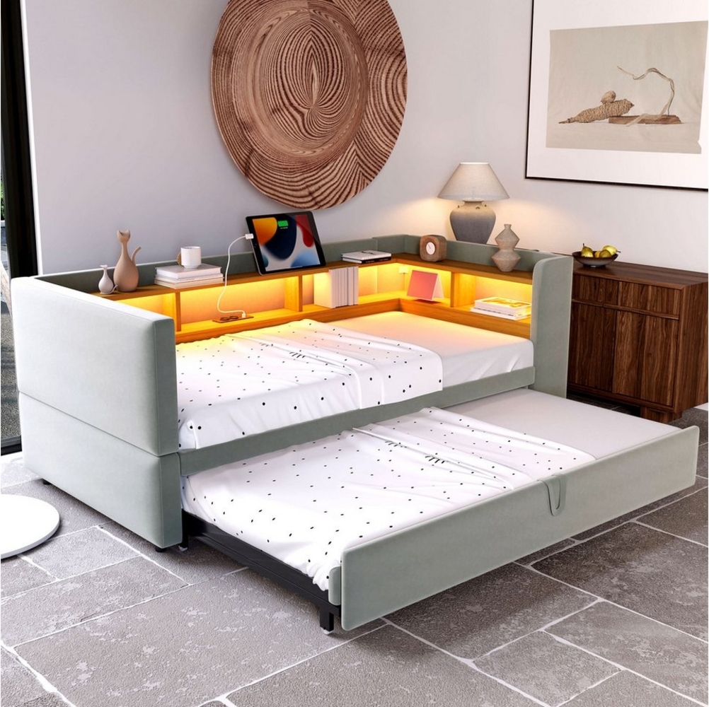HAUSS SPOLE Schlafsofa 90/180x190 ausziehbares Daybett mit LED Leuchten, Steckdosen, Hellgrau, Ausziehbares Schlafsofa 90/180*190 cm, mit Steckdosen & Ablagefächern, Multifunktional für Gästezimmer, Wohnzimmer & Schlafzimmer Bild 1
