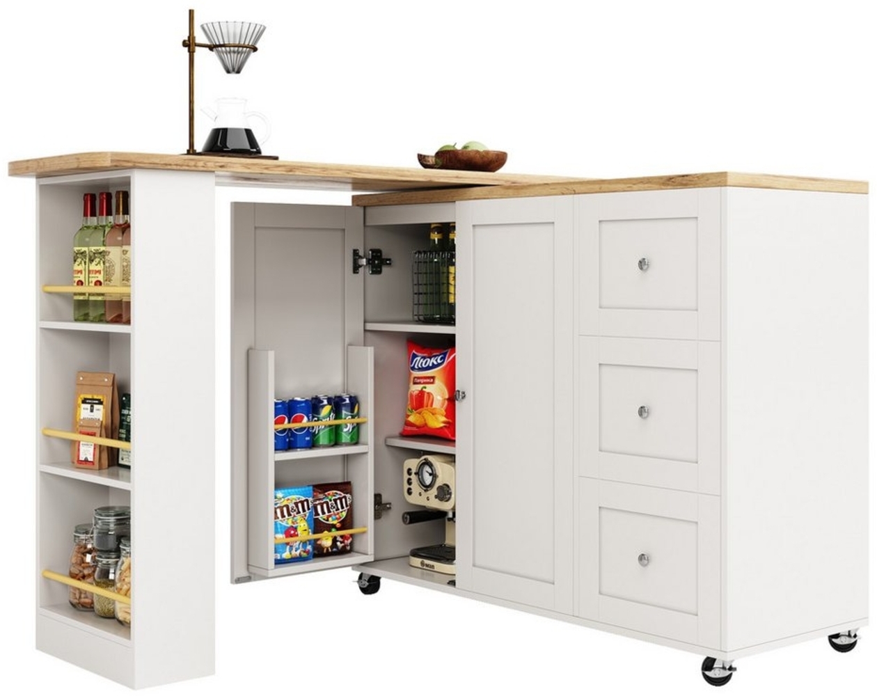 i@home Stehtisch Bartisch Kücheninsel 360°drehbar,Multifunktionaler Esstisch auf Rollen (Küchentheke mit viel Stauraum und drei Schubladen), Kommt mit Snackhalter. Multifunktionale Aufbewahrungsinsel, Weiß Bild 1