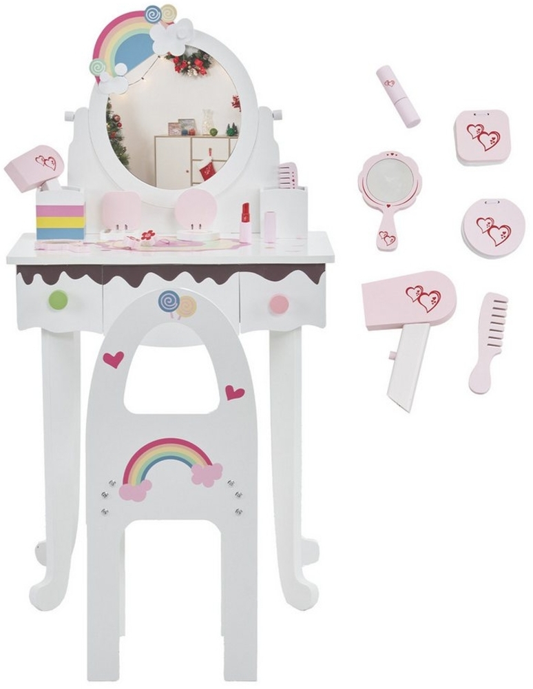 FCH Schminktisch Kinder Schminktisch Set, Prinzessin Frisiertisch, Schminkhocker und 3 Schubladen, Make-up Schminktisch Frisierkommode Bild 1