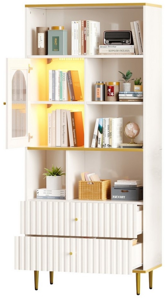 OKWISH Vitrine mit LED-Beleuchtung (Bücherregal, Standvitrine, Hochschrank, Bücherschrank, 1-St, 5 offenen Fächern und 2 Schubladen) mit Flexible und verstellbare Fachböden Bild 1