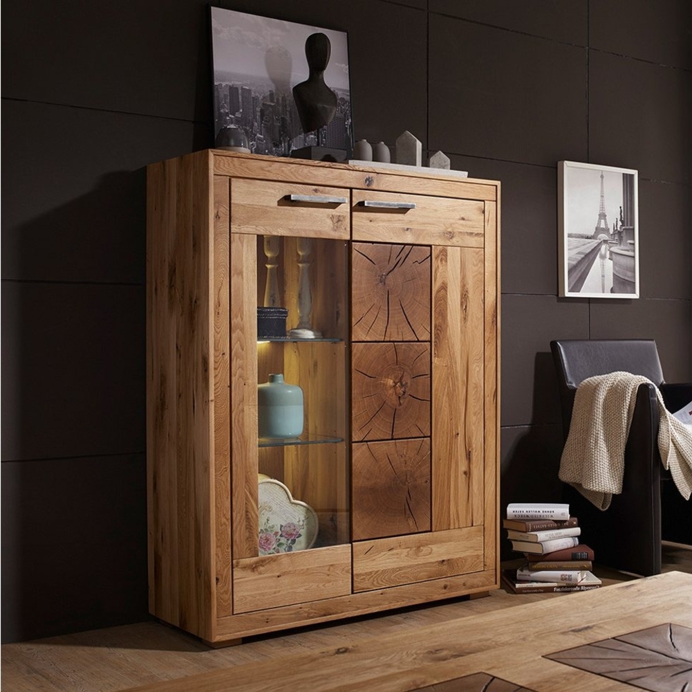 Lomadox Highboard WINNIPEG-69, Vitrinenschrank 103cm, Eiche massiv geölt, Hirnholz-Details, montiert Bild 1