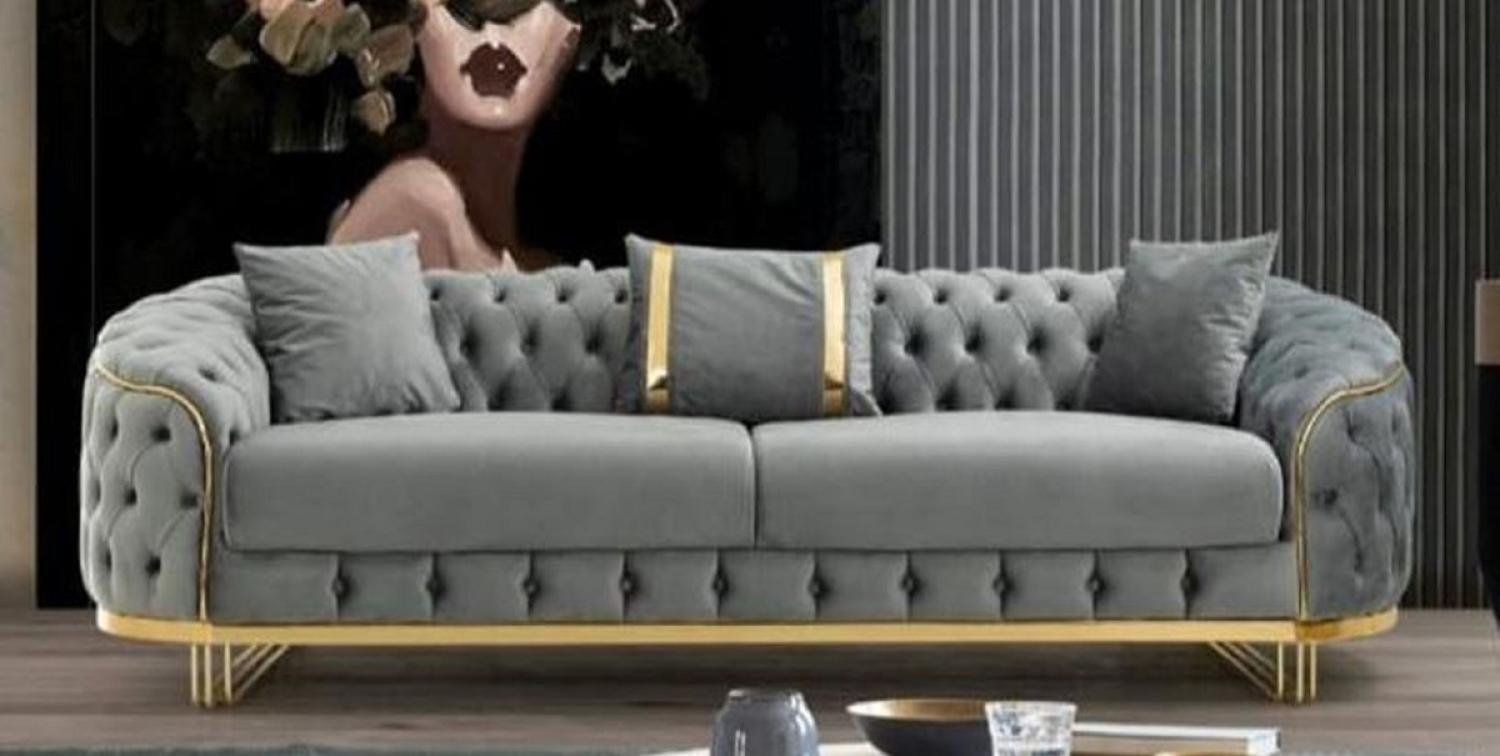 Casa Padrino Luxus Chesterfield Sofa Grau / Gold 240 x 95 x H. 72 cm - Modernes Wohnzimmer Sofa - Chesterfield Wohnzimmer Möbel Bild 1