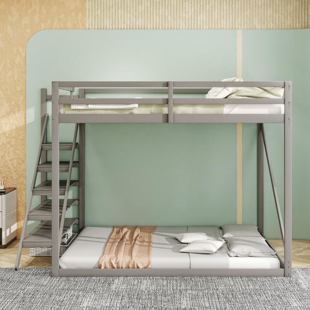 Merax Kinderbett Hochbett mit Sicherheitsleiter, Lattenrost, Massivholz grau, 140x200 Bild 1