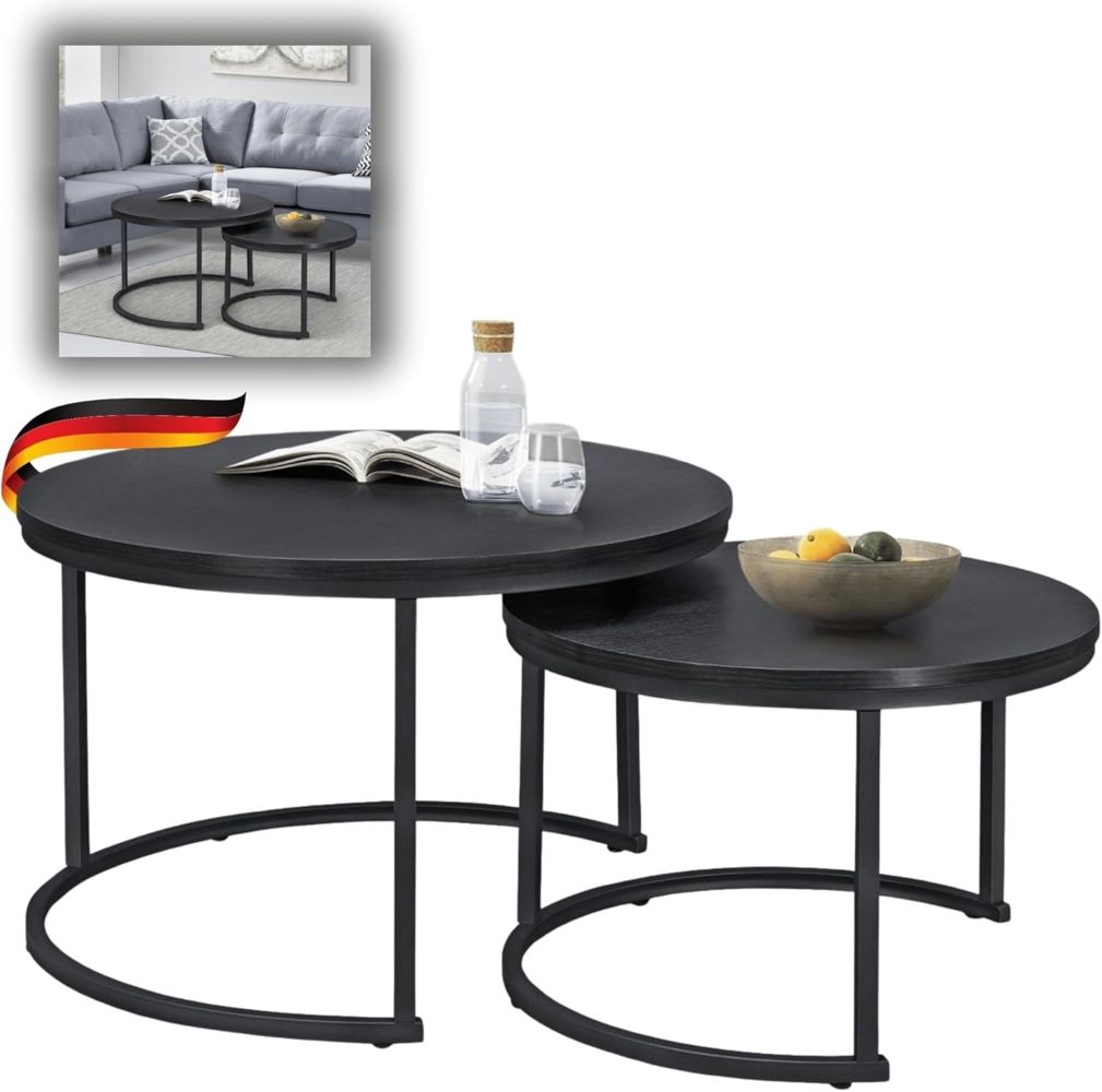 DELUKE® Couchtisch 2er Set JURG - runder Beistelltisch Satztisch Sofatisch rund Kaffeetisch Laptoptisch Abstelltisch Tisch für Couch klein Schwarz Bild 1