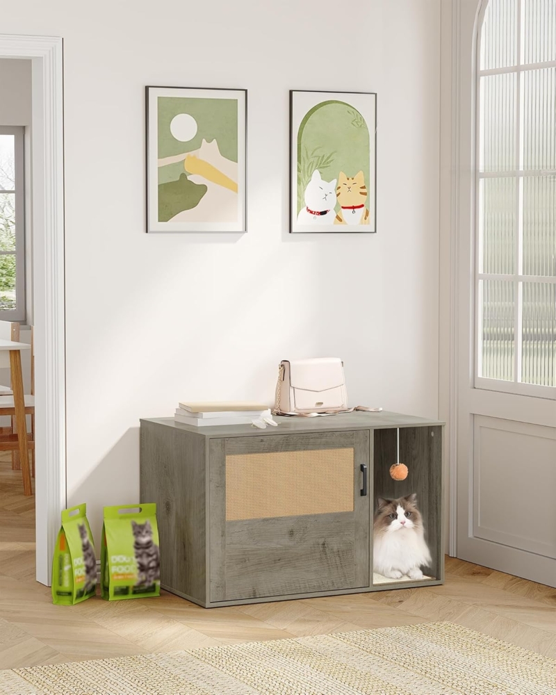Katzenschrank mit Rattan Tür, Versteckte Katzentoilette, Boho Stil Holz Haustier Haus Katzenstreu, Speicher Schrank Sitzbank, 50 x 80 x 50 cm, Greige Bild 1