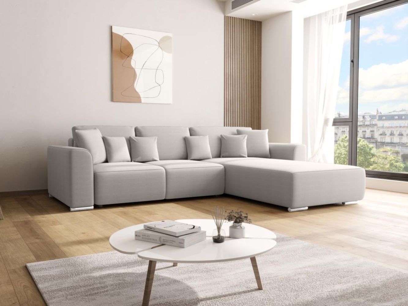 Vente-unique - Ecksofa mit Schlaffunktion - Ecke wechselbar - Stoff - Hellgrau - MELTANA Bild 1