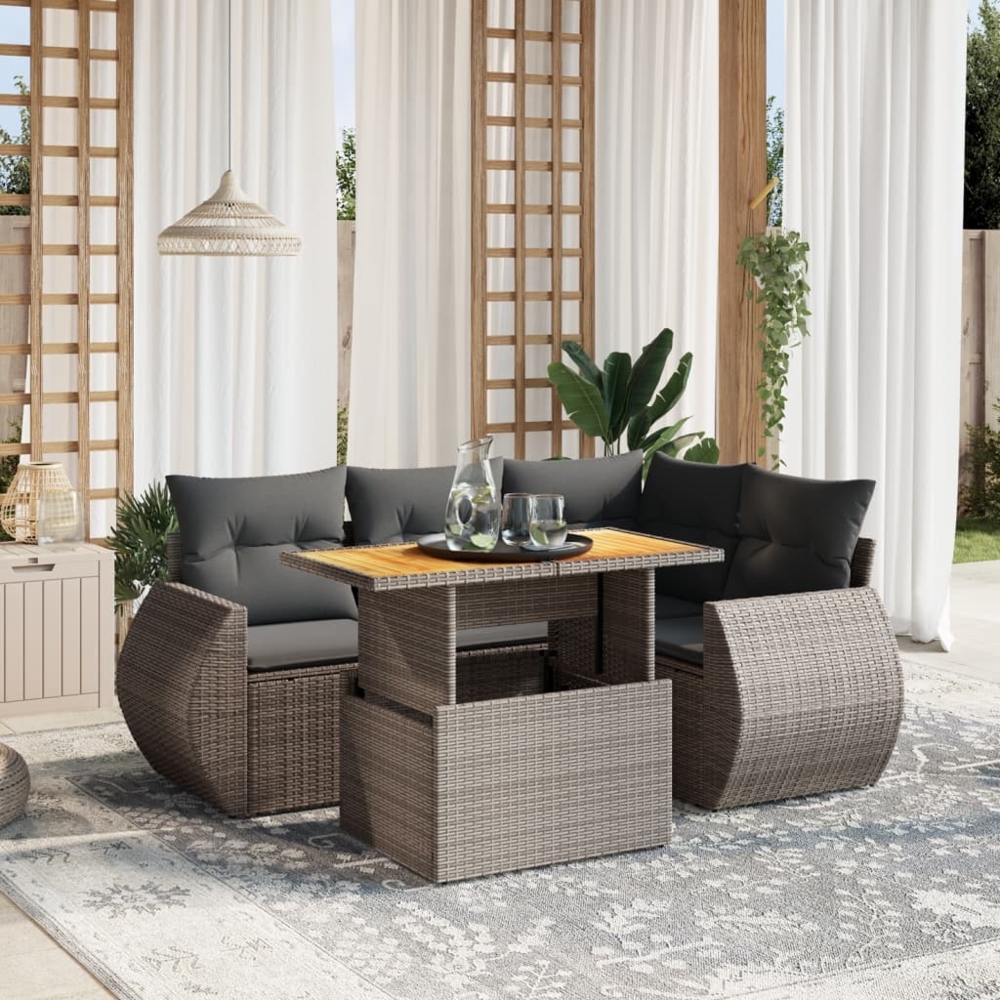 vidaXL 5-tlg. Garten-Sofagarnitur mit Kissen Grau Poly Rattan 3272180 Bild 1