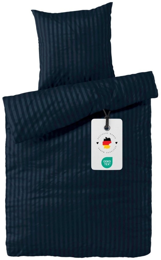 Carpe Sonno Bettwäsche Damast 135x200 155x220 Hochwertige Hotel Baumwoll Bettwäsche gestreift, Damast, 2 teilig, Damast Bettwäsche 135x200 Streifen Bettwäsche Dunkel-Blau Bild 1