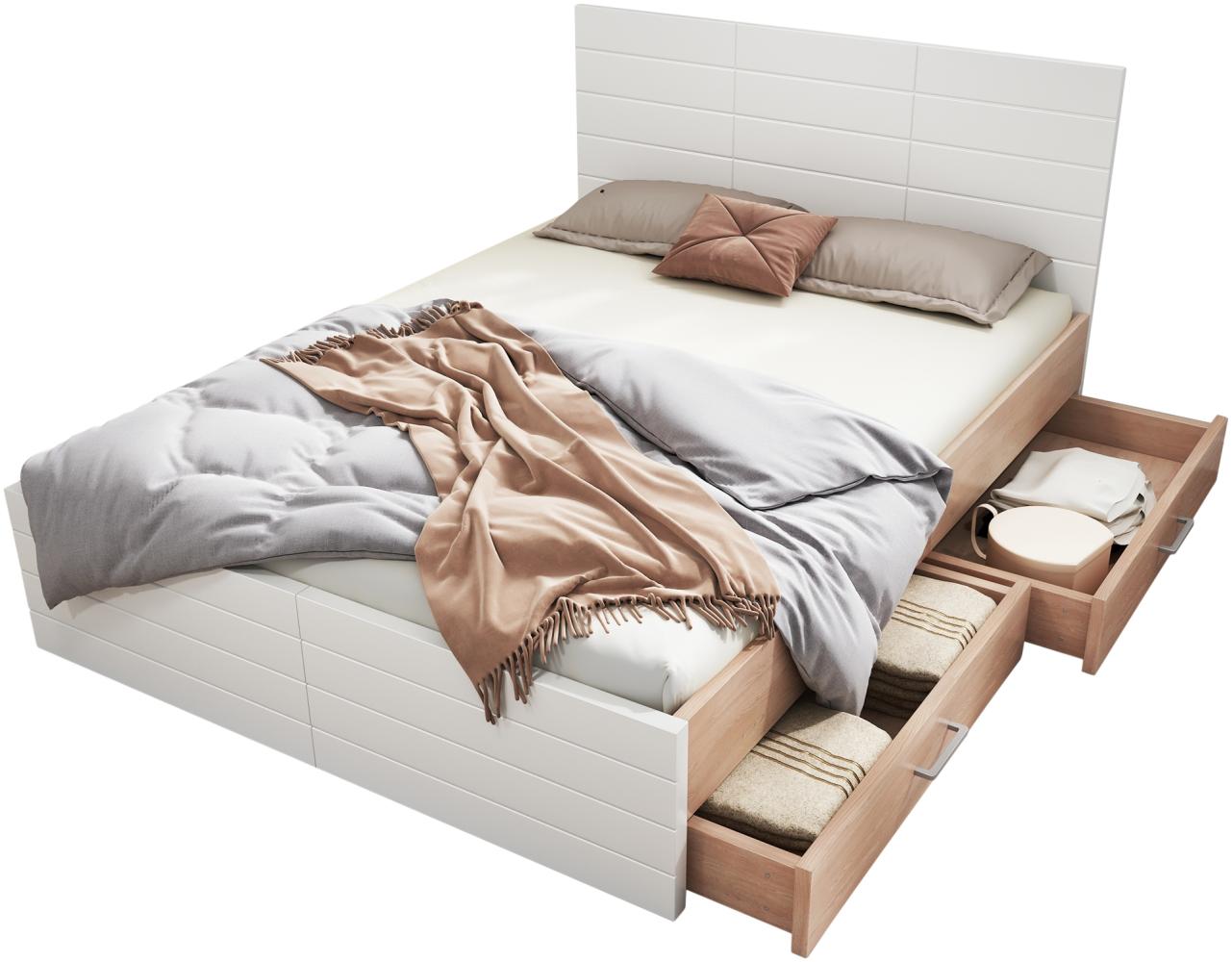 Merax Doppelbett 140×200cm Holzbett Bettanlage mit 2 Schubladen, Modernes Bett inkl. Bettgestell &Lattenrost Set in Eiche/Weiß (Ohne Matratze) Bild 1