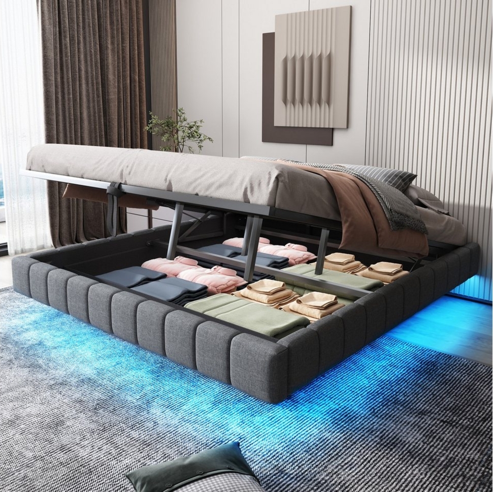 HAUSS SPOLE Polsterbett 180x200 cm, Hydraulischer Schwebebett mit LED-Licht, Leinen Grau (mit Stauraum und LED-Beleuchtung – Multifunktionales Design ohne Kopfteil, Luftdruck-Lagersystem, Robuster Metallrahmen für 250 kg Belastbarkeit, Perfekt für Schl... Bild 1
