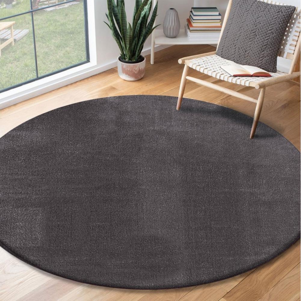 the carpet Relax Moderner Flauschiger Kurzflor Teppich, Anti-Rutsch Unterseite, Waschbar bis 30 Grad, Super Soft, Felloptik, Anthrazit, 200 x 200 cm Rund Bild 1