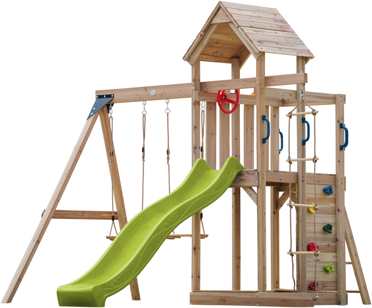 AXI Moos Spielturm aus Holz mit 2 Schaukeln & Strickleiter XXL Spielhaus / Spielplatz für Kinder mit Kletterwand, Sandkasten & Rutsche in Hellgrün | Braun, Gelb | Holz | 375 cm Bild 1