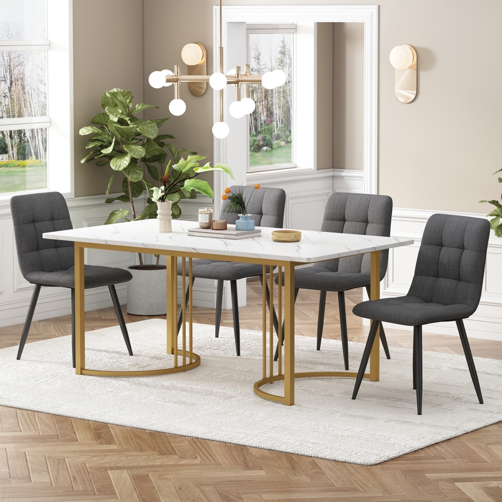 Merax Essgruppe (5-tlg), Esstisch mit 4 Stühlen Set, Moderner Küchentisch Set , 140×80cm Küchentisch mit Golden Metallbeinen, MDF Tischplatte in Weißer, Dunkelgrau Leinen Esszimmerstühle Bild 1