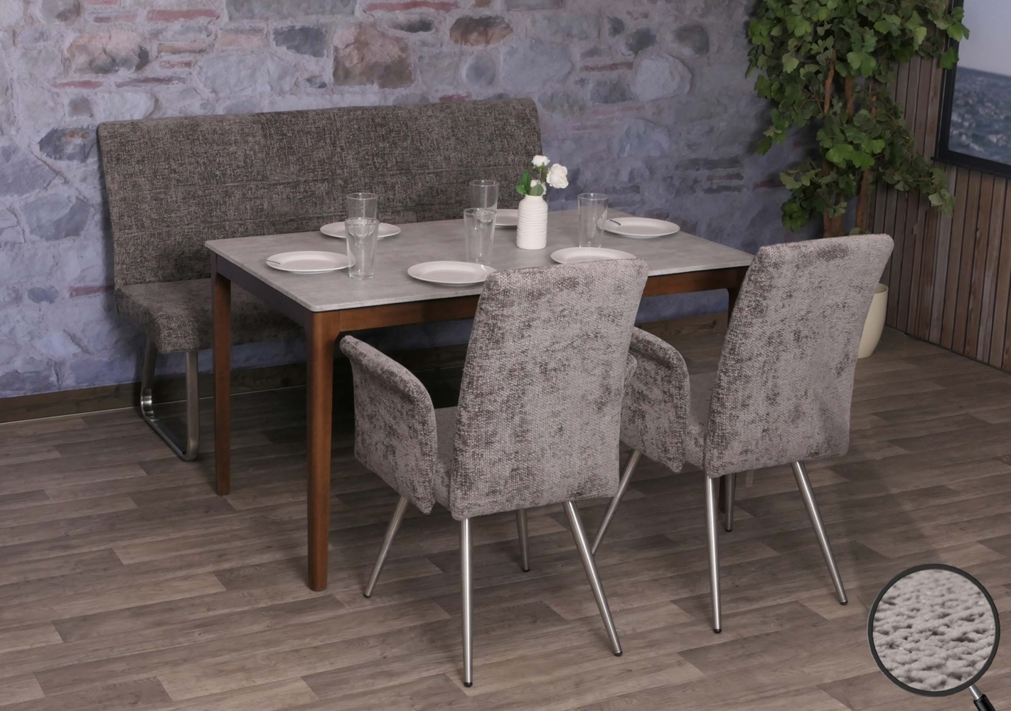 Esszimmer-Set HWC-G55, 2er-Set Stuhl mit Armlehne+Sitzbank 160cm, Edelstahl gebürstet Stoff/Textil Chenille ~ dunkelgrau Bild 1